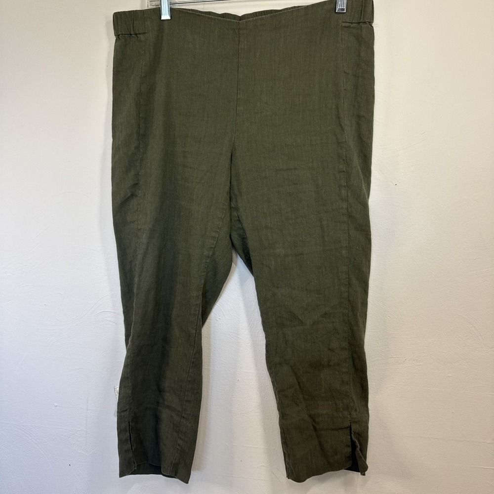 J.Jill Linen Stretch Pants Womens Medium Olive Green Solid Pull On Ankle Slit M